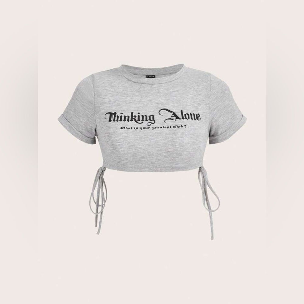 Never Worn Super Cropped Top – “Thinking Alone” Quote Shirt
